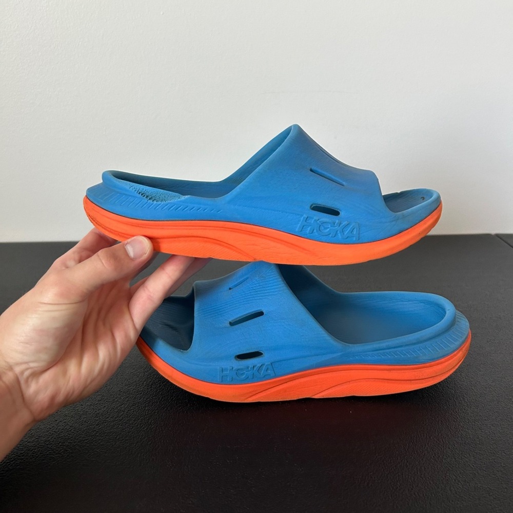 HOKA ONE ONE Ora Recovery Slide 2 Sandals Mens 7 W 8 Blue Orange Slip On Shoes - Picture 2 of 8